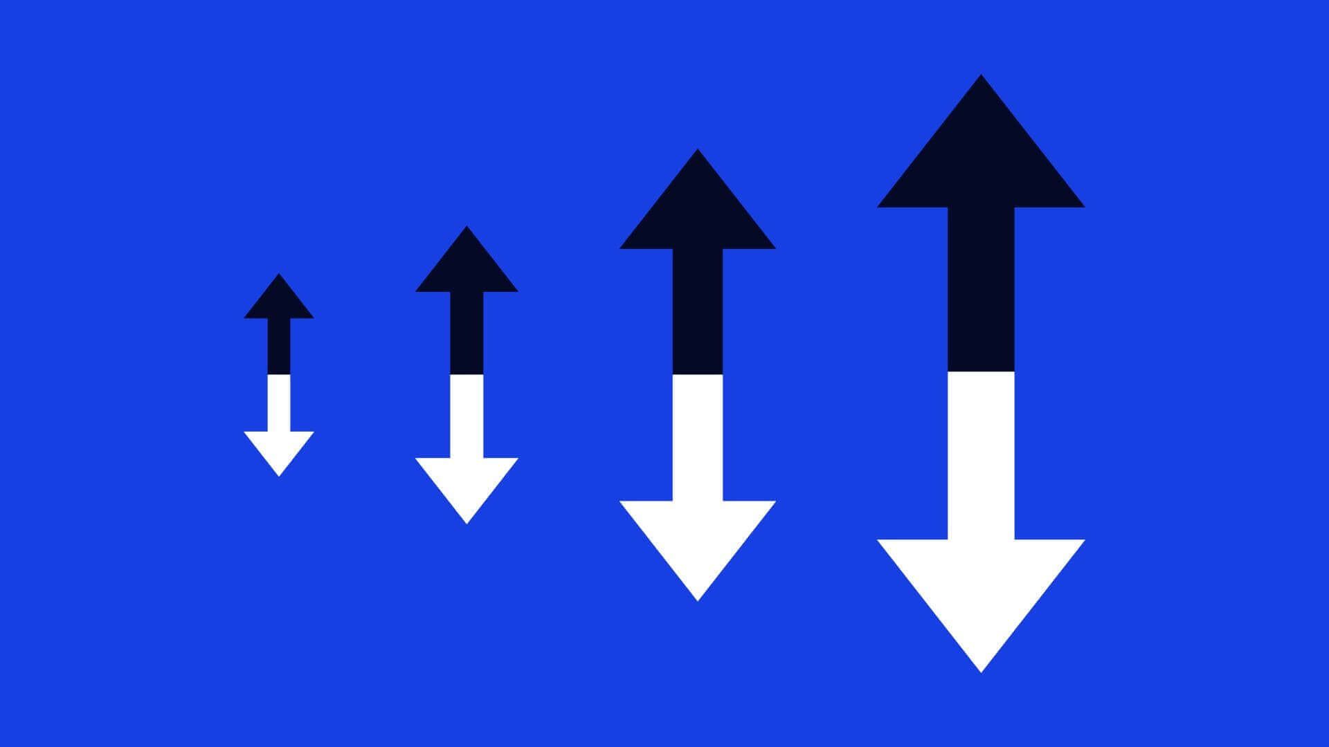 ein Diagramm mit Pfeilen, die sowohl nach oben als auch nach unten exponentiell wachsen